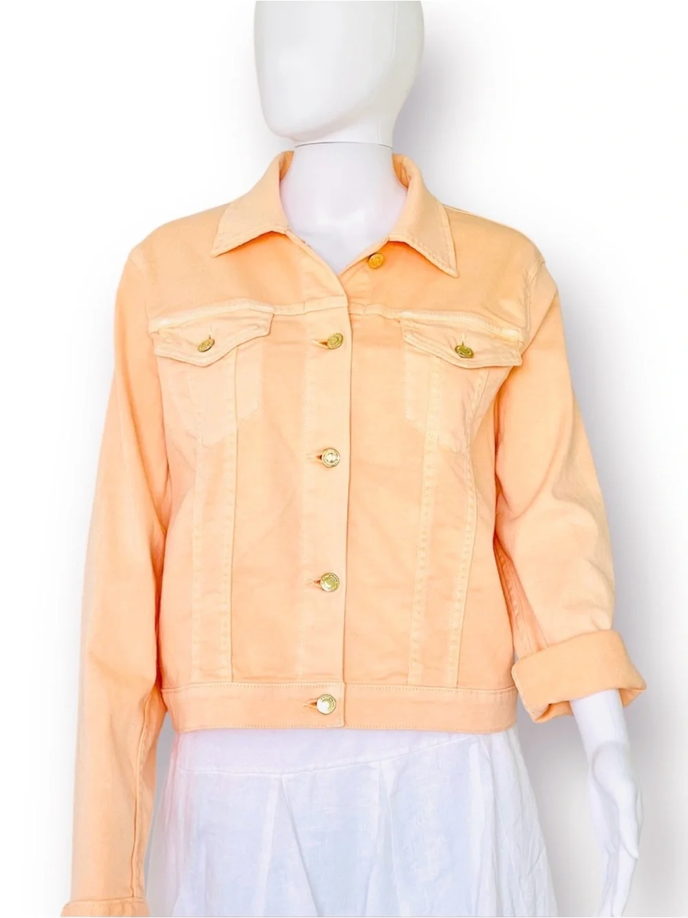 MICHAEL KORS Denim Jacket Gold Button Patch Pocket Pointed Collar Stretch